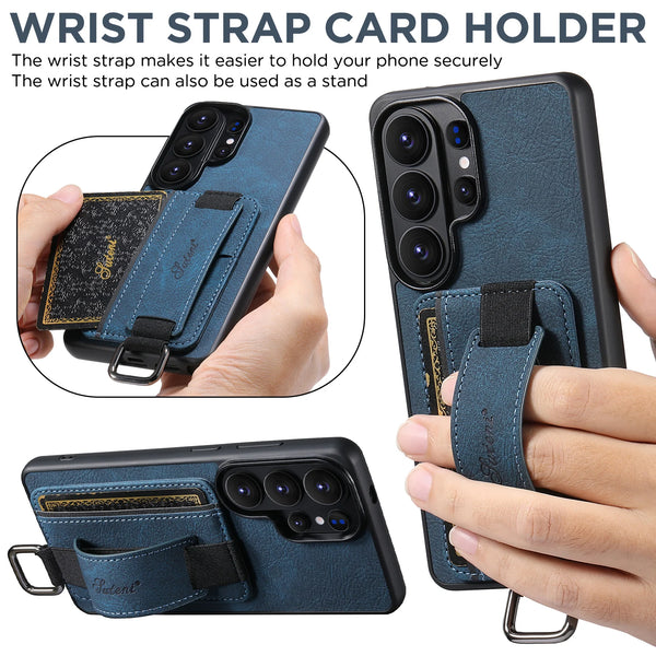 SUTENI Faux Leather Phone Case Wrist Strap Ring Buckle Card Holder Stand For Samsung Galaxy S26 Ultra S25 Plus S24 S23