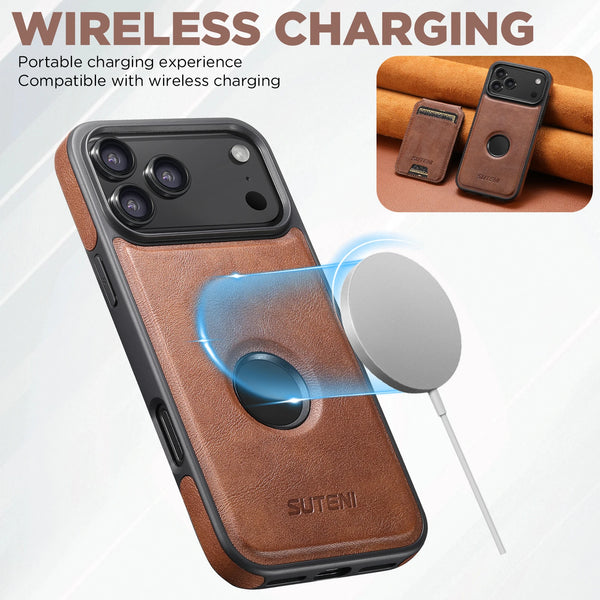 SUTENI Faux Leather Phone Case Wireless Charging Magnet Card Holder Stand Smooth Surface 2-in-1 For 17 Pro Max 16 Plus 15 14 13