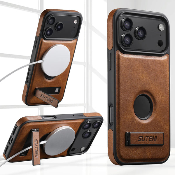 SUTENI Luxury Faux Leather Phone Case Stand Magnet Wireless Charging Smooth Surface For iPhone 17 Pro Max 16 Plus 15 14 13 12