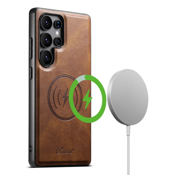 SUTENI Luxury Faux Leather Oil Wax Phone Case Magnet Wireless Charging For Samsung Galaxy S26 Ultra S25 Plus S24 S23 S22 Note20
