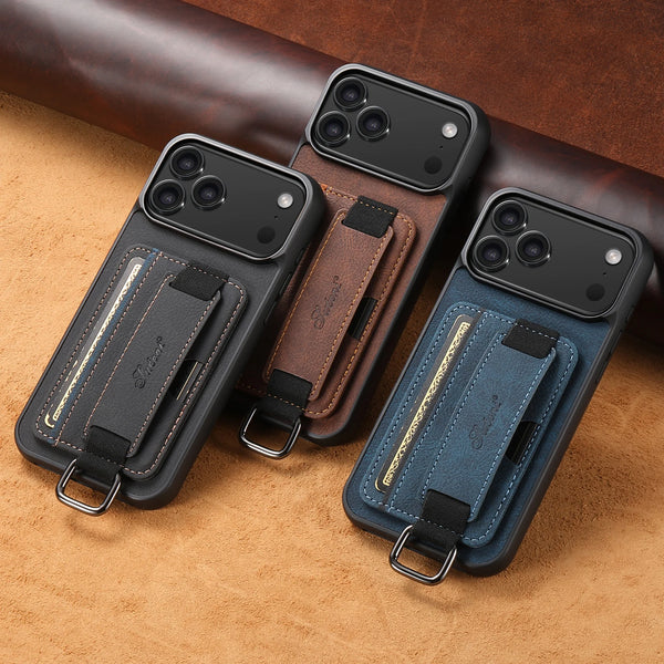SUTENI For iPhone 17 Pro Max 16 Plus 15 14 13 12 Faux Leather Phone Case Wrist Strap Ring Buckle Card Holder Bag Stand