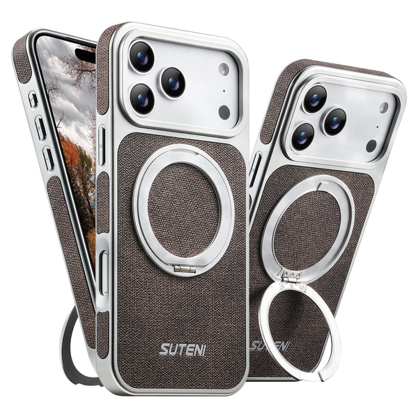 SUTENI Faux Leather Magnet Wireless Charging Phone Case 360° Rotating Stand Ring Buckle Frosted Feel For iPhone 17 Pro Max 16 15