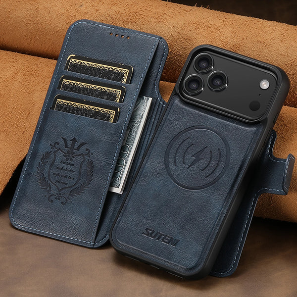 SUTENI Faux Leather Wireless Charging Card Holder Stand Wallet Magnetic Flip Cover Phone Case For iPhone 17 Pro Max 16 Plus 15