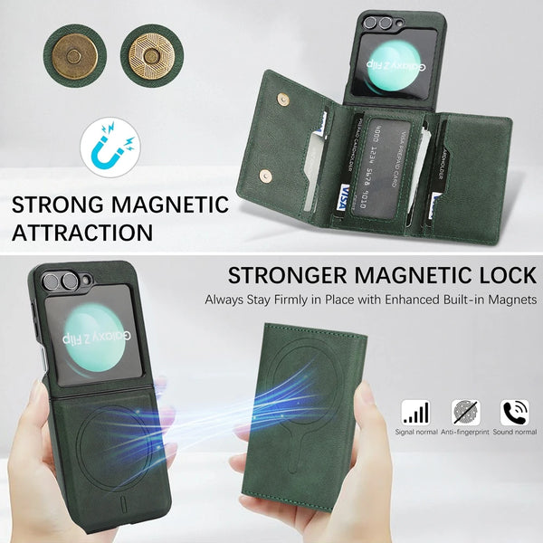 2 in 1 Leather Magnetic Case for Samsung Galaxy Z Flip 7 6 5 4 3 Kickstand 7 Cards Slots Holder Wireless Charging Phone Cover