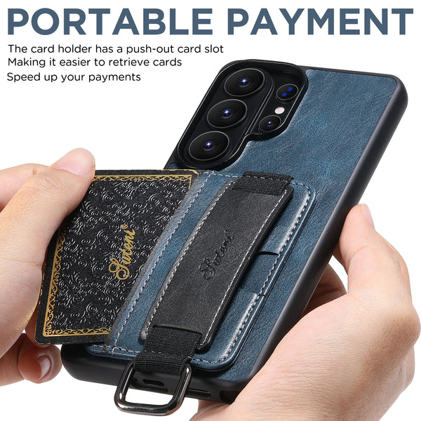 SUTENI Phone Case Wrist Strap Ring Buckle Faux Leather Card Holder Stand For Samsung Galaxy S26 Ultra S25 Plus S24 S23