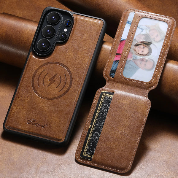 SUTENI Wireless Charging Faux Leather Magnet Card Holder Stand Picture frame Phone Case For Samsung Galaxy S26 Ultra S25 Plus
