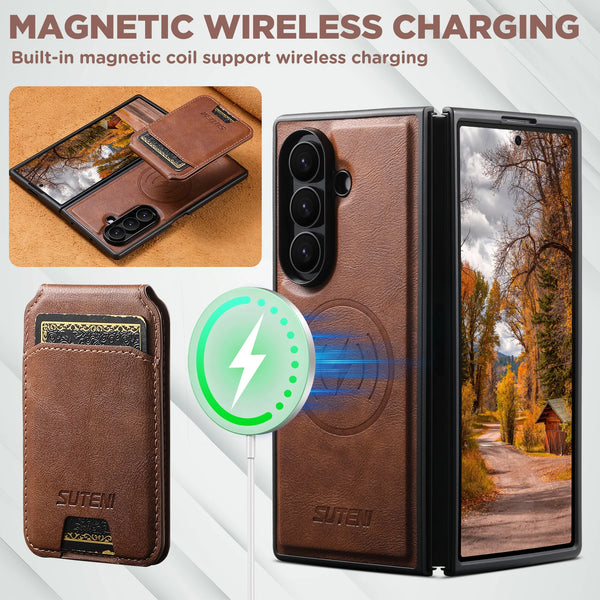 SUTENI Wireless Charging Magnet Faux Leather Phone Case Card Holder Stand Smooth Surface Wallet 2-in-1 For Samsung Z Fold 7 6