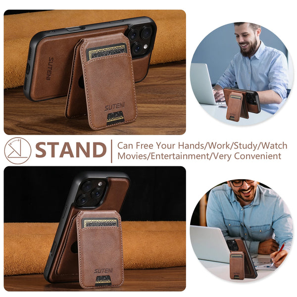 SUTENI Wireless Charging Magnet PU Leather Phone Case Card Holder Stand For iPhone 17 Pro Max 16 Plus 15 Pro 13 12