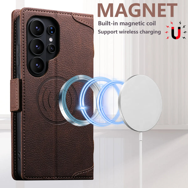 Wireless Charging Faux Leather Card Holder Stand Wallet Magnetic Button Flip Cover Phone Case For Samsung Galaxy S26 Ultra S25