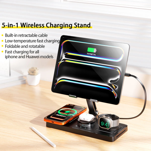 5-in-1 Wireless Charger ipad Fast Charging Station Stand With 80cm Type-C Retractable Cable for iPhone 17 16 15 Watch Airpods