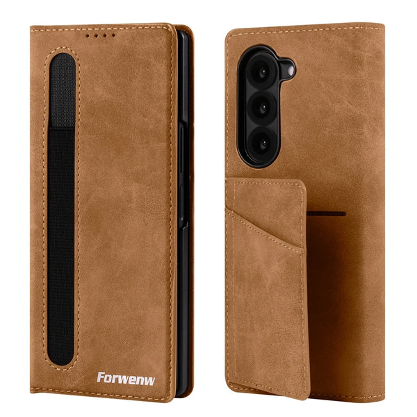 Leather Case For Samsung Galaxy Z Fold 7 6 5 4 3 Fold7 Fold6 Fold5 Fold4 Card Slots Cards Holder Kickstand Phone Cover