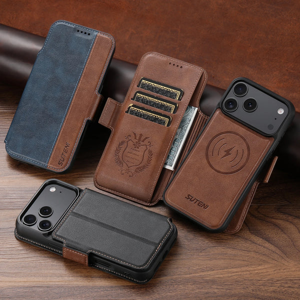 SUTENI Magnetic Flip Cover Phone Case Wireless Charging Card Holder Stand Wallet Faux Leather For iPhone 17 Pro Max 16 Plus 15