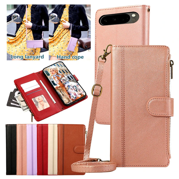 Crossbody Leather Wallet Case  for Google Pixel 10 9 Pro XL 8 7 9A 8A 7A Card Slots Holder Kickstand Lanyard Zipper Phone Case