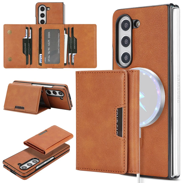 2 in 1 Leather Case for Samsung Galaxy Z Fold 7 6 5 4 3 Fold7 Magnetic Wireless Charging 7 Card Slots Kickstand Phone Cover
