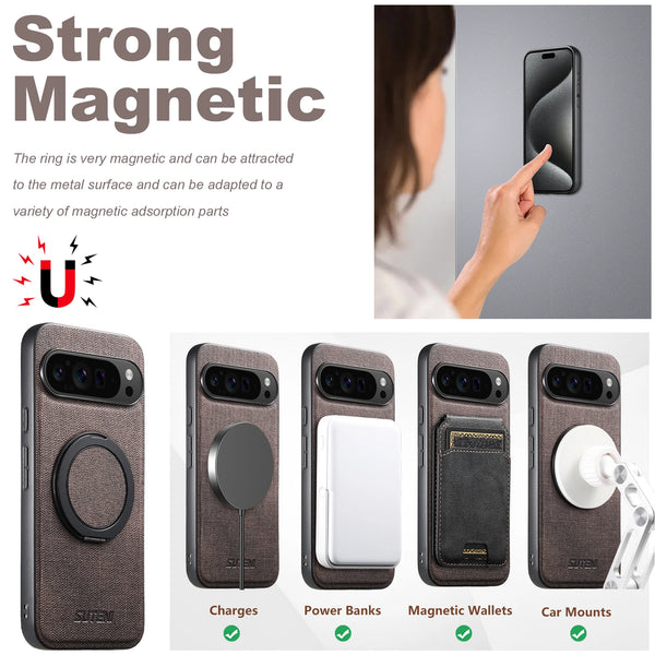 Faux Leather Magnet Wireless Charging Phone Case 360° Rotating Stand Ring Buckle Frosted Feel For Google Pixel 10 Pro XL 9 8A 7