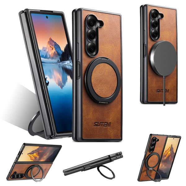 SUTENI Magnet Wireless Charging Phone Case Oil Wax Faux Leather 360° Rotating Stand Buckle For Samsung Galaxy Z Fold 7 6 5
