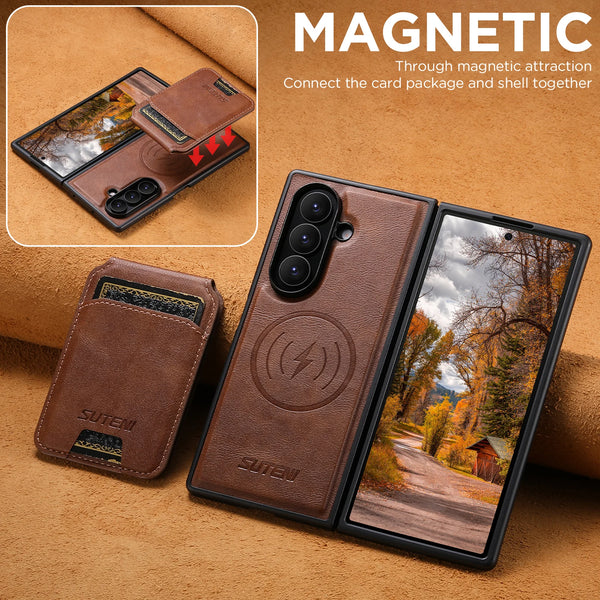 SUTENI Wireless Charging Magnet Faux Leather Phone Case Card Holder Stand Smooth Surface Wallet 2-in-1 For Samsung Z Fold 7 6