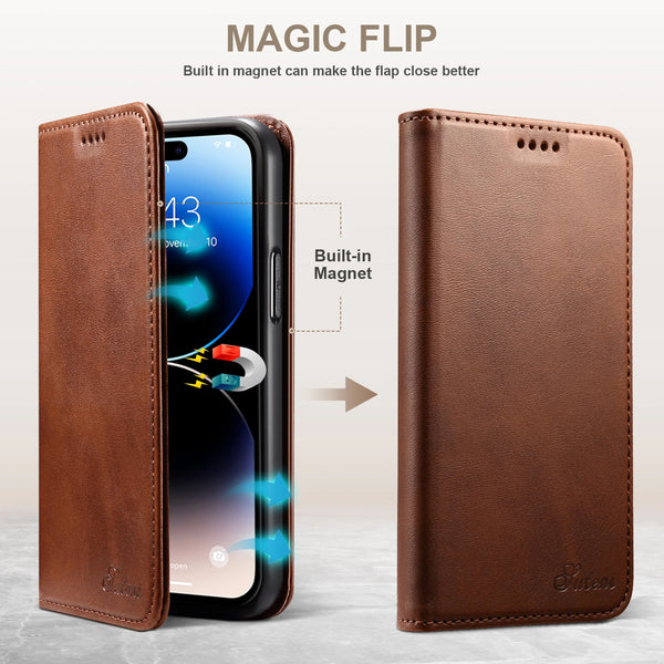 SUTENI Leather Wallet Phone Case Flip Cover Card Holder Bracket For iPhone 16 15 14 13 12 11 XR XS Pro Max Plus 7 8