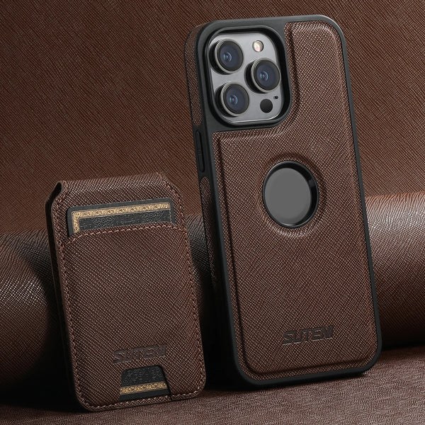 Suteni 2-in-1 Magnetic MagSafe Wireless Charging Case Bracket Card Holder Leather Phone Case for iPhone 16 Pro Max 15 Plus 14 13