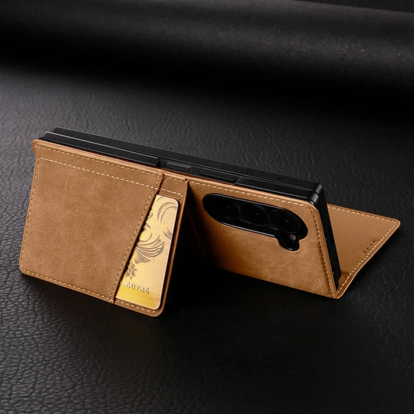 Leather Case For Samsung Galaxy Z Fold 7 6 5 4 3 Fold7 Fold6 Fold5 Fold4 Card Slots Cards Holder Kickstand Phone Cover