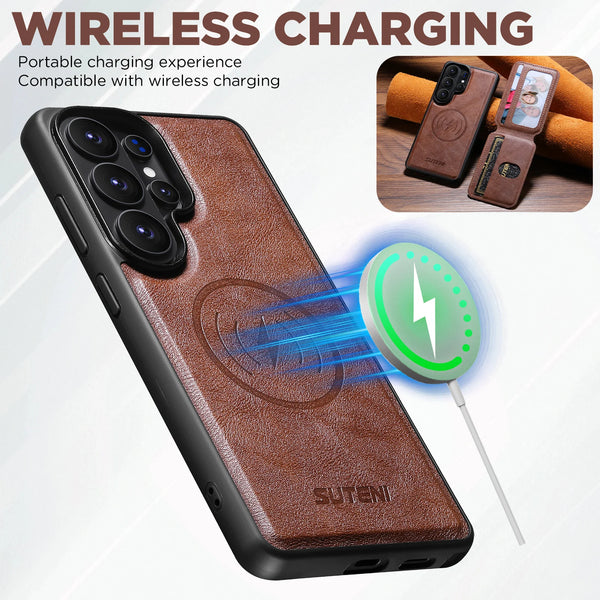 Magnet Wireless Charging Luxury Faux Leather Phone Case Card Holder Stand For Samsung Galaxy S26 Ultra S25 S24 S23 S22