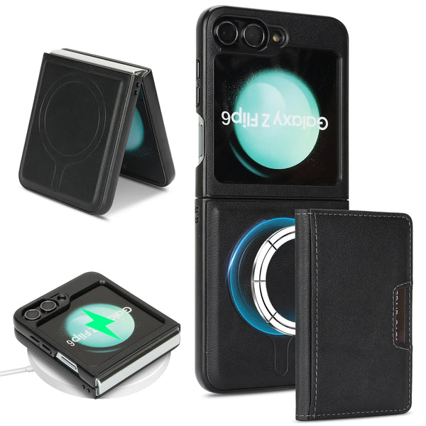 2 in 1 Leather Case For Samsung Galaxy Z Flip 7 6 5 4 3 Fe Flip7 Flip6 Flip5 Wrieless Charging Magnetic Cards Slot Phone Cover