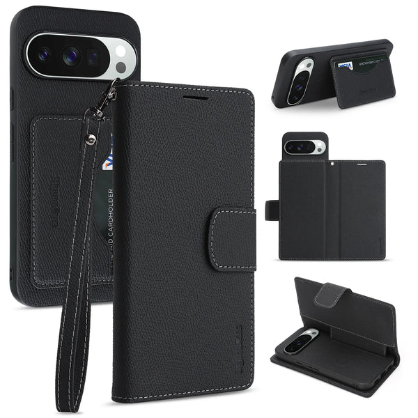 2 in 1 Leather Wallet Case for Google Pixel 10 10Pro 10A 9 9Pro 9A Pro XL ProXL Cash Card Slots Phone Cover WIth Hand Strap