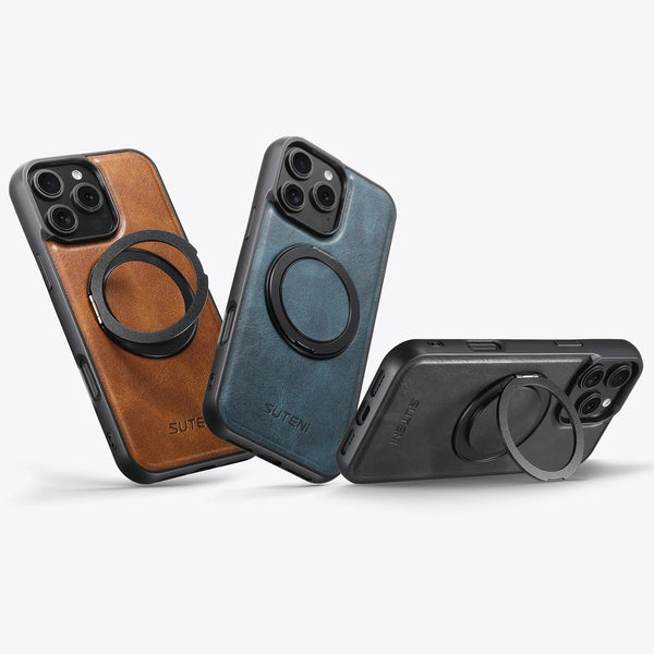 Strong Magnetic Compatible MagSafe Wireless Charging 360° Rotating Ring Stand PU Leather Phone Case For iPhone 17 16 15 14 13 12