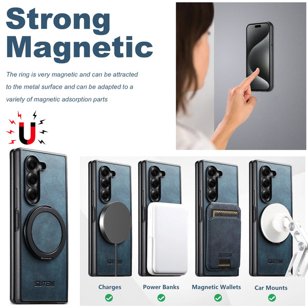 SUTENI Magnet Wireless Charging Phone Case Oil Wax Faux Leather 360° Rotating Stand Buckle For Samsung Galaxy Z Fold 7 6 5