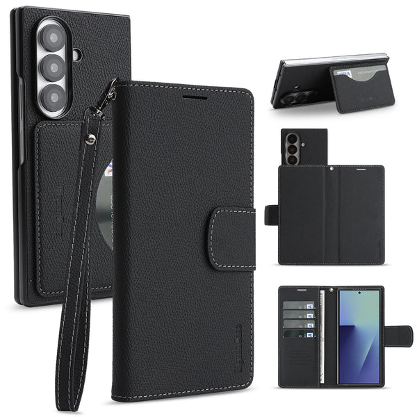 2 in 1 Leather Wallet Case for Samsung Galaxy Z Fold 7 6 5 4 3 Fold7 Fold6 Fold5 Cash Card Slots Phone Cover WIth Hand Strap
