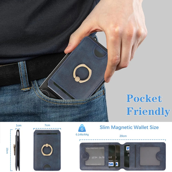 Magnetic Ring Leather Cards Holder Slots For iphone 16 15 14 13 12 Samsung Xiaomi Google Phone Kickstand Cards Bag Cards Pocket