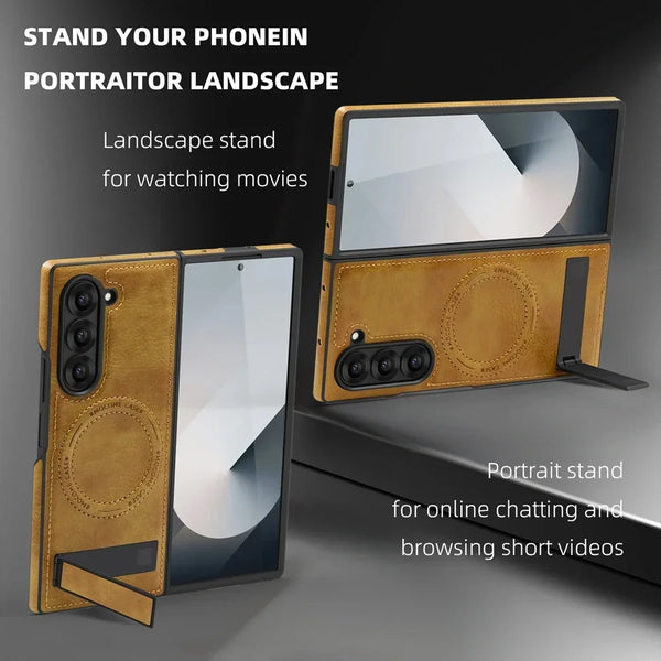Leather Case For Samsung Galaxy Z Fold 6 5 4 3 Magnetic Fold6 Fold5 Fold4 Fold3 Wrieless Charger Phone Cover WIth Kickstand