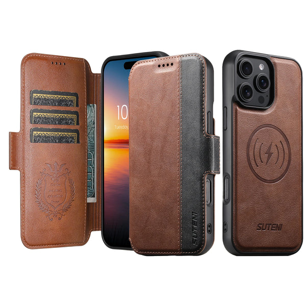 SUTENI Faux Leather Wireless Charging Card Holder Stand Wallet Magnetic Flip Cover Phone Case For iPhone 16 Pro Max 15 Plus 14