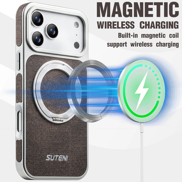 SUTENI Faux Leather Magnet Wireless Charging Phone Case 360° Rotating Stand Ring Buckle Frosted Feel For iPhone 17 Pro Max 16 15