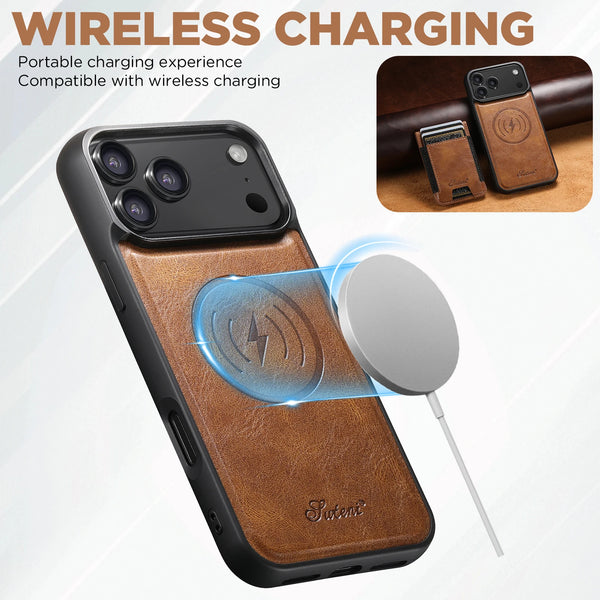 SUTENI Faux Leather Phone Case Wireless Charging Magnet Card Holder Stand For iPhone 17 Pro Max 16 Plus 15 14 13 1215 14 13 12