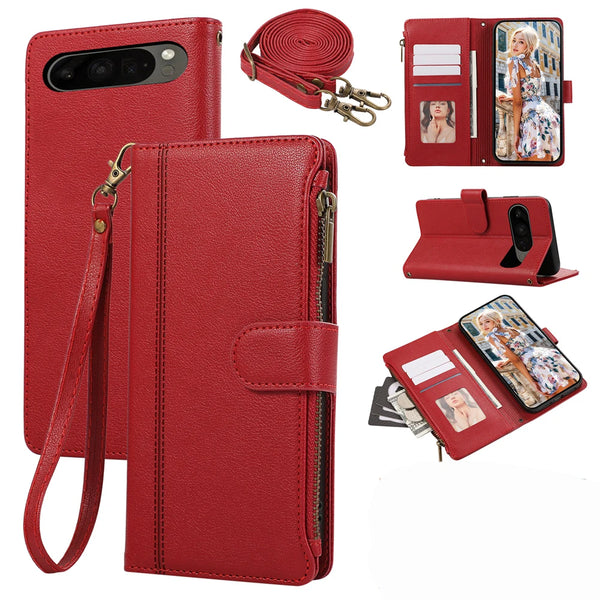 Crossbody Leather Wallet Case  for Google Pixel 10 9 Pro XL 8 7 9A 8A 7A Card Slots Holder Kickstand Lanyard Zipper Phone Case