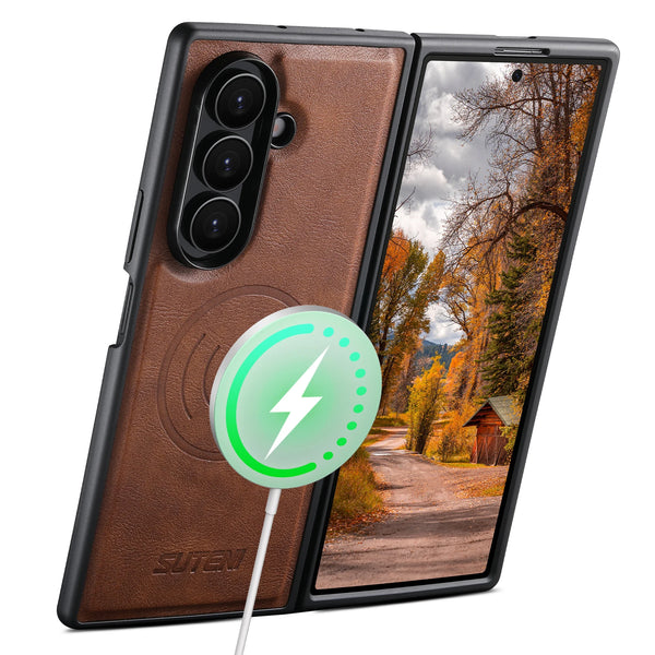 SUTENI Frosted Feel Faux Leather Magnet Wireless Charging Phone Case  For Samsung Galaxy Z Fold 7 6