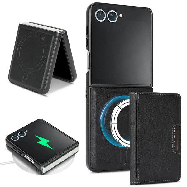 Leather Case For Samsung Galaxy Z Flip 7 6 5 4 3 Flip7 Flip6 Flip5 Wireless Charging 2 In 1 Magnetic Cards Bag Phone Cover