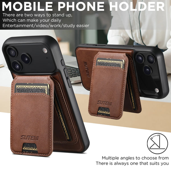 SUTENI Wireless Charging Magnet Faux Leather Phone Case Card Holder Stand Wallet 2-in-1 For iPhone 17 Pro Max 16 15 14 13 12
