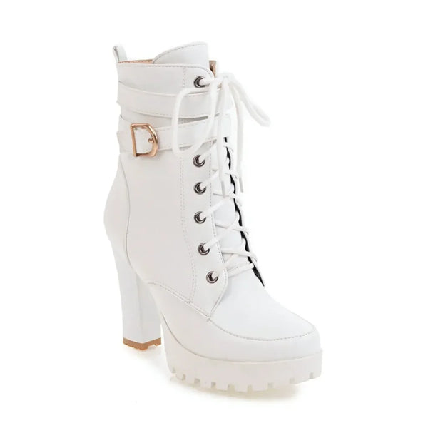 High Heels Women Ankle Boots Lace Up Fall Winter Platform Ladies Boots Large Size Fashion Shoes White Black Brown 2024