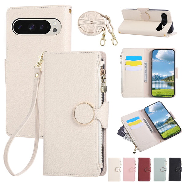 Lanyard Zipper Leather Wallet Case for Google Pixel 10 7 8 9 7A 8A 9A 10Pro 9Pro XL 8Pro 7Pro Pro Cards Cash Pocket Phone Cover