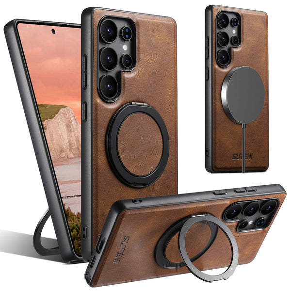 SUTENI Magnet Wireless Charging Phone Case Oil Wax Faux Leather 360° Rotating Stand Buckle For Samsung Galaxy S26Ultra S25 S24