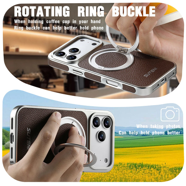SUTENI Faux Leather Magnet Wireless Charging Phone Case 360° Rotating Stand Ring Buckle Frosted Feel For iPhone 17 Pro Max 16 15