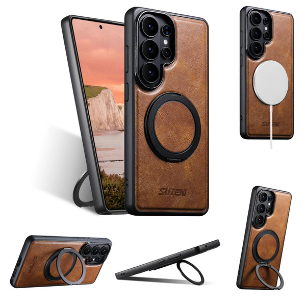 Magnet Wireless Charging Phone Case Oil Wax Faux Leather 360° Rotating Stand Buckle For Samsung Galaxy S26 Ultra S25 S24 S23 S22
