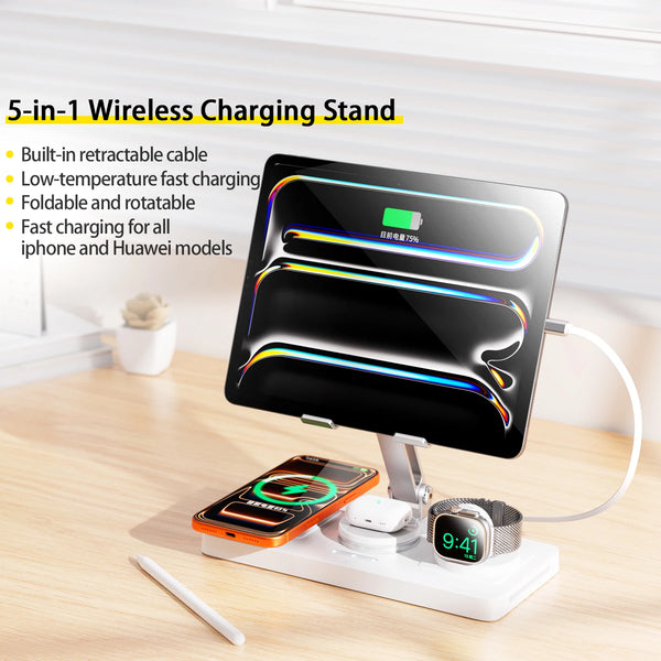 5-in-1 Wireless Charger ipad Fast Charging Station Stand With 80cm Type-C Retractable Cable for iPhone 17 16 15 Watch Airpods