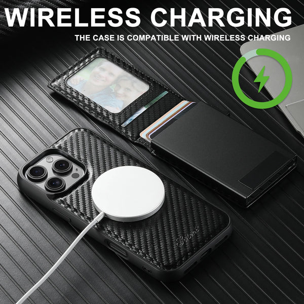 Carbon Fiber Leather 2-in-1 Magnetic Phone Case Card Holder Wallet MagSafe Wireless Charging for iPhone 17 Pro Max 16 Plus 15 14