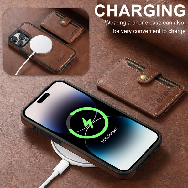 Wireless Charging Faux Leather Magnetic Button Card Holder Stand Phone Case Smooth Surface 2-in-1 Wallet For iPhone 17 ProMax 16