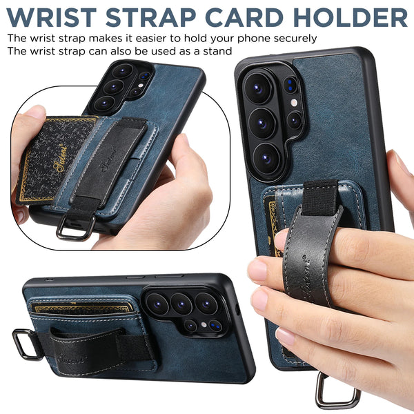 SUTENI Phone Case Wrist Strap Ring Buckle Faux Leather Card Holder Stand For Samsung Galaxy S26 Ultra S25 Plus S24 S23