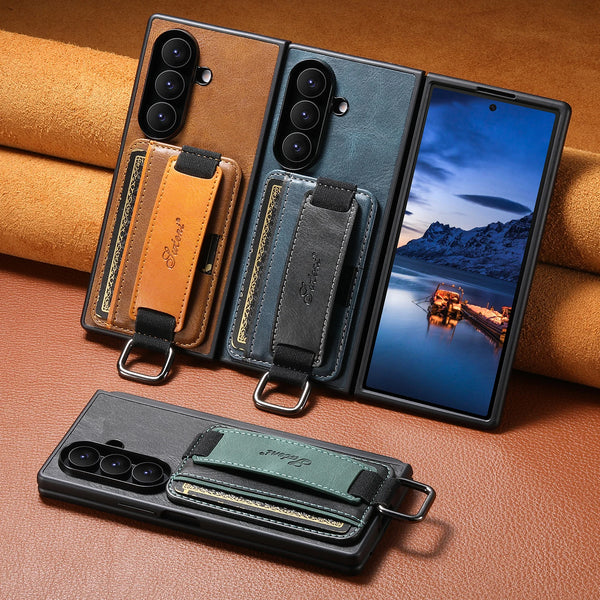 SUTENI Phone Case Wrist Strap Ring Buckle Faux Leather Card Holder Stand For Samsung Galaxy Z Fold 7 6 5