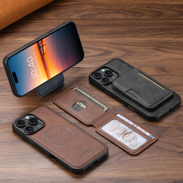 SUTENI Magnet Wireless Charging Luxury Faux Leather Phone Case Card Holder Stand For iPhone 17 Pro Max 16 Plus 15 14 13 12